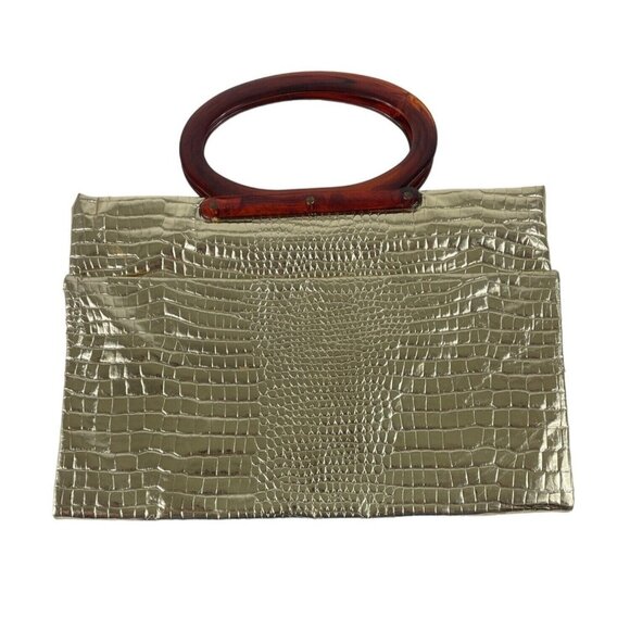 Unbranded Handbags - Vintage Gold Embossed Faux Alligator Lucite Handles Purse Folding Tote Bag